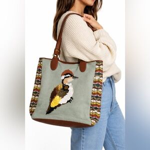 Jasper & Jeera Sequin Bird Canvas Leather Tote Bag Boho Artisan Shoulder Bag